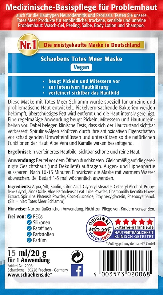 5 x 15ml Schaebens Cleansing Mask Dead Sea Mask / Totes Meer Maske  New - Image 2 of 2