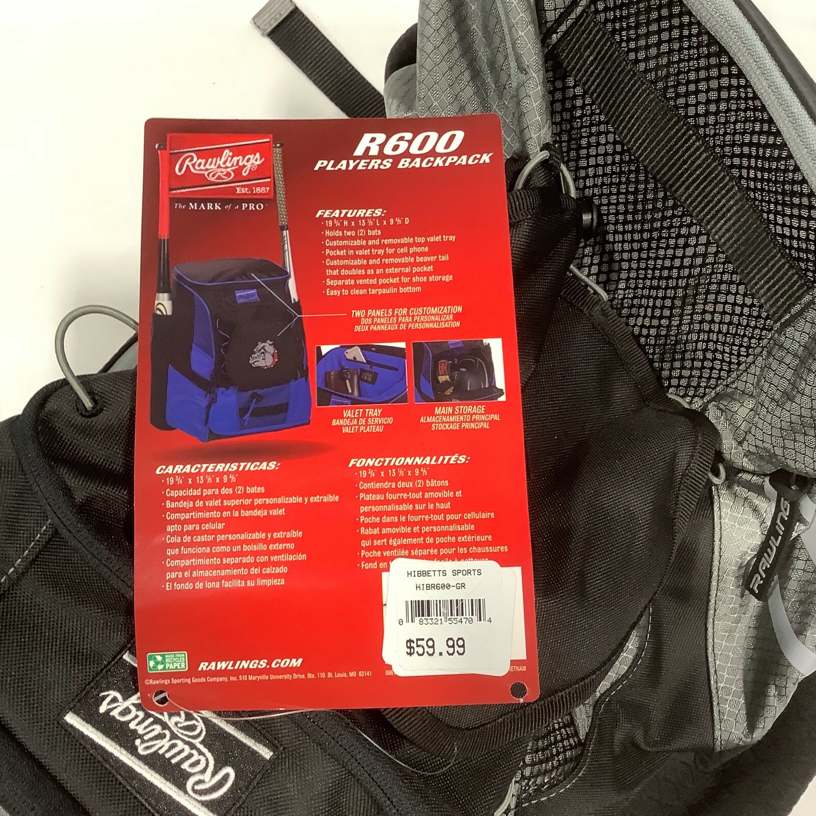 Rawlings Men's Hibbetts Sports R600 Players Black Gray Backpack Bag One