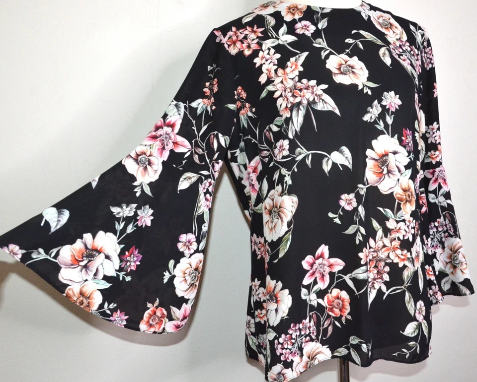 CUE BLACK BOTANICAL FLORAL FLARED FLUTE 3/4 SLEEVE BLOUSE TOP 14 maine
