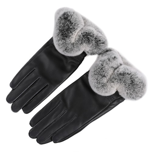 Women's Winter Warm Genuine Leather Gloves Rex Rabbit Fur Trim Cuff Velvet Lined - Picture 10 of 58