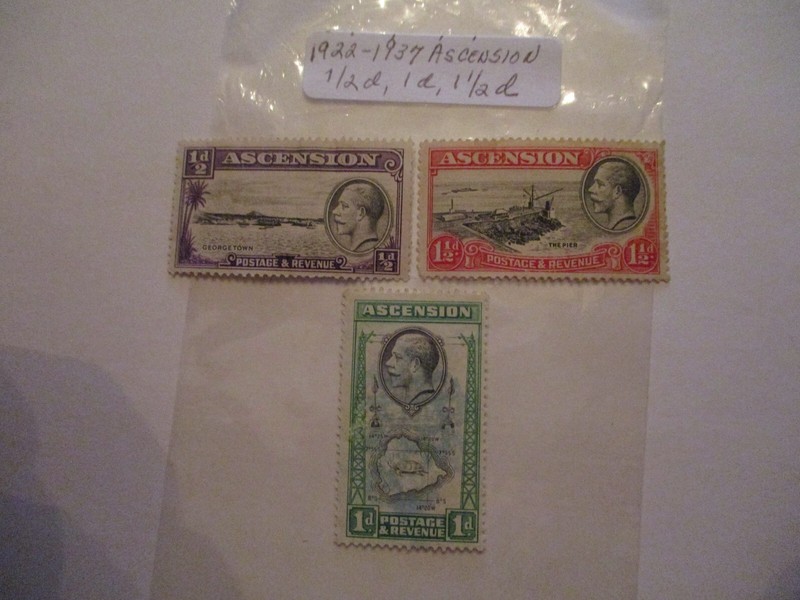 Three 1922-1937 Ascension Postage Stamps - 1/2d, 1d, 1 1/2d  Denomination