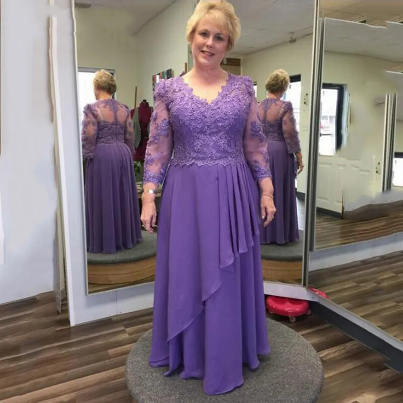 Purple Mother Of The Bride Dresses Long Sleeve Applique Lace Wedding Guest  Dress