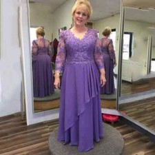Purple Mother Of The Bride Dresses Long Sleeve Applique Lace Wedding Guest Dress