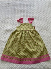 Vtg Peaches n Cream Girl s Sun dress Size 4T Green And Pink Polka doted W/ Bows