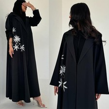 Eid Women Abaya Cardigan Dress Embroidery Suit Collar Abaya Muslim Caftan Robe