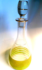 Art Deco 1950s Whisky Carafe, Ring Decorated + Green Glass Melting 32cm H