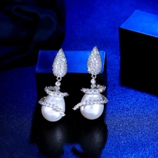 Silver Plated White Symmetrical Rotating CZ Drop Dangle Pearl Earrings for Women
