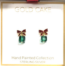 RED ENAMEL BOW & DANGLING GREEN CRYSTAL STERLING SILVER GIFT BOX DROP EARRINGS
