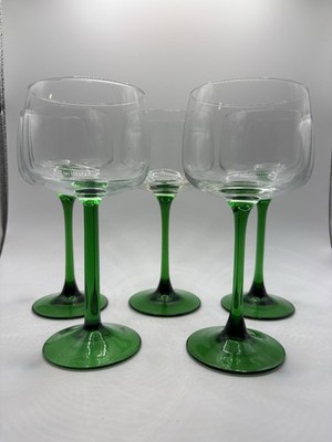 Vintage Wine Glasses Luminarc France (5) Green Stemmed MCM Cristal Verre 8 oz.
