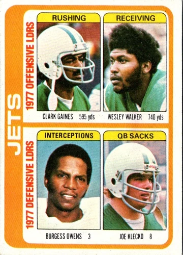 1978 Topps Clark Gaines/Wesley Walker/Burgess Owens/Joe Klecko Football Card