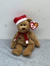 Vintage Ty 1997 Teddy Beanie Baby Christmas Bear Plush Stuffed Toy Brown Red Hat
