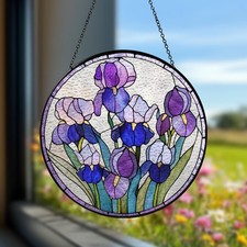 Purple Irises Stained Glass Suncatcher, Iris February Birth Month Flower Window