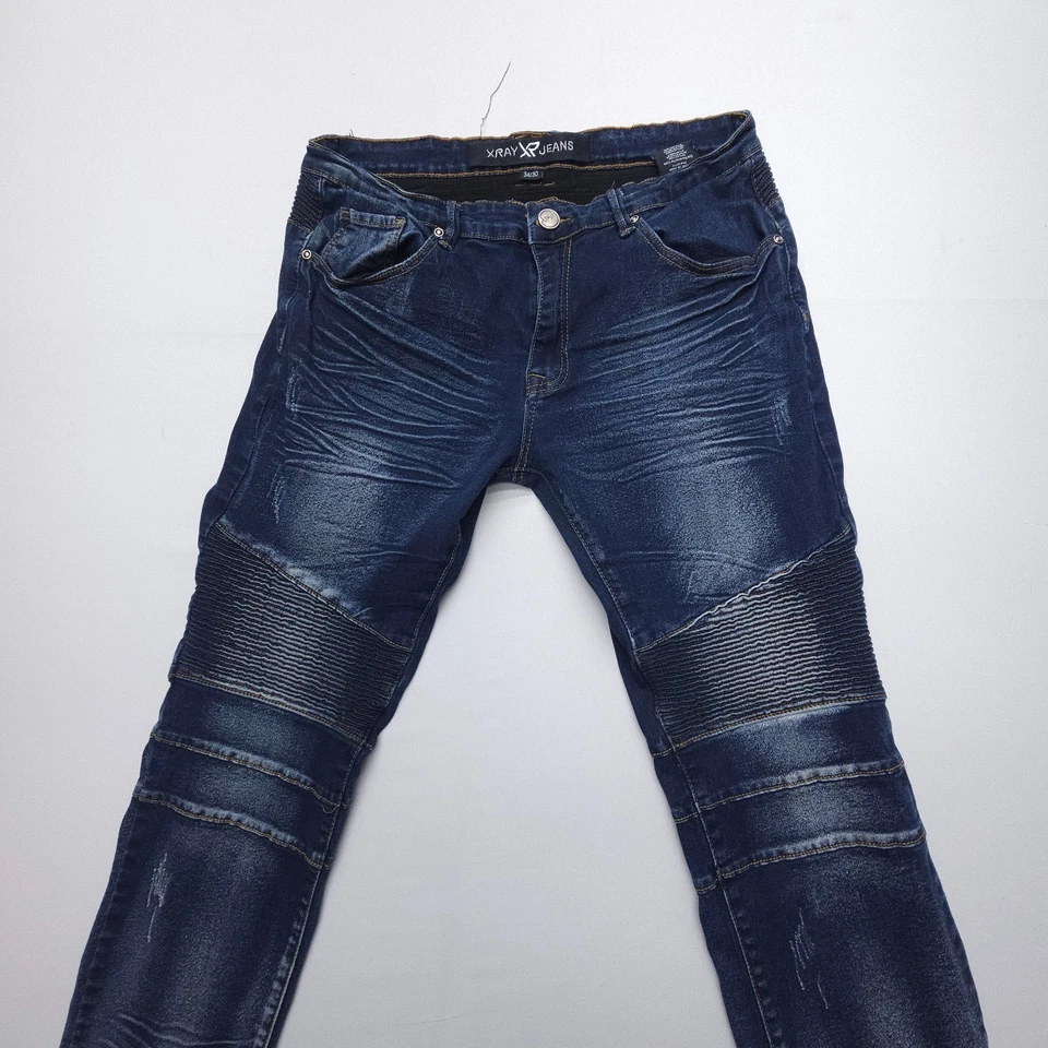 Xray Jeans Mens 34 x 30 Moto Biker Slim Dark Wash Blue Stretch Y2K 2000s - Image 3 of 4