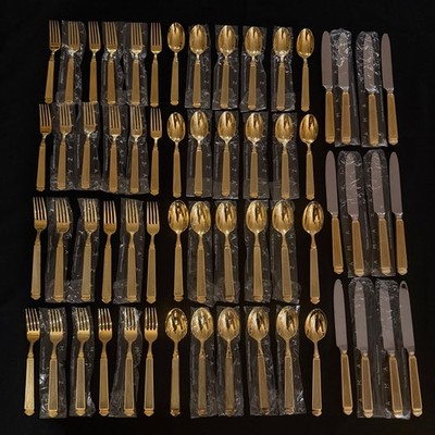 Yamazaki Krystallos Pearl 69pc Flatware Set 24K Gold Service 12 NOS Wrapped