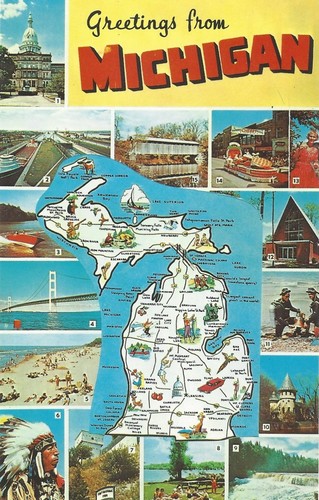 Michigan Map & Views, #DT-54100-B color postcard (STAMPS, POSTAGE, COLLECTIBLE)