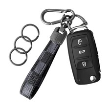 Leather Car Keychain,Carabiner Clip Key Fob Keychain for Home Car Grid Black