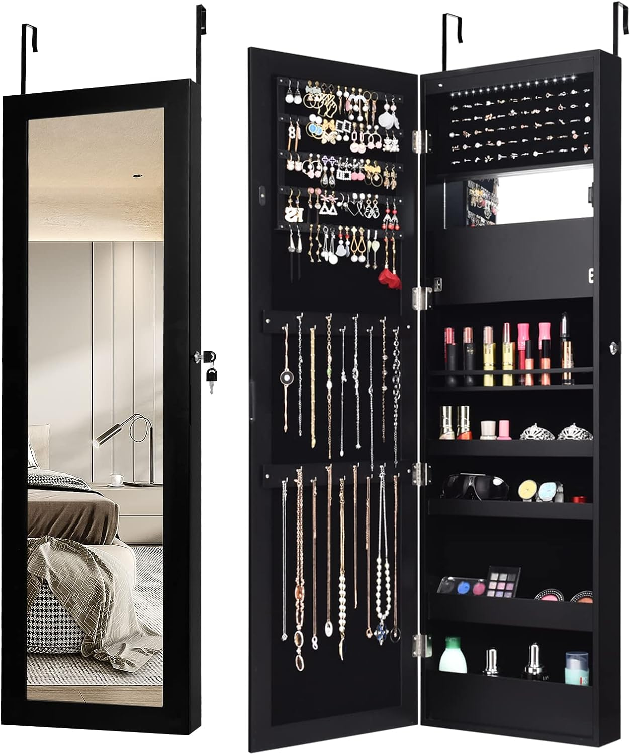 Jewellery Cabinet Armoire Mirror LED Lights Lockable Door Mounted Storage White