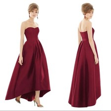 NWT Alfred Sung 4 burgundy satin shine strapless hi lo gown