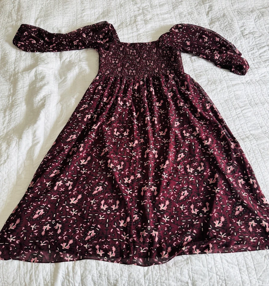 Vestido Madewell Georgette Midi Talla Grande Granate Calado Manga Globo Transparente Foto 3 de 4