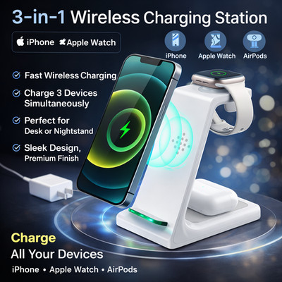 3 in 1 Wireless Charging Station,  Fast Desk Charging Station/ All in one place