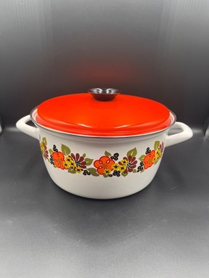 Vintage Austria Email Emaille Topf mit Deckel Blumentopf orange Deckel Doppelgriff