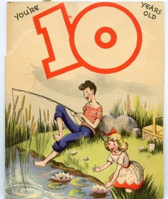 Vintage Happy Birthday Greeting Card 10 Years Old Boy Girl Fishing Picnic c1940s