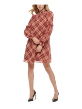 TOMMY HILFIGER Womens Beige Lined Back Pullover Plaid Long Sleeve Shift Dress 2