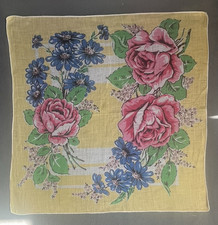  146 Vintage Handkerchief Printed Large Printed Roses  Blue Daisy Flowers