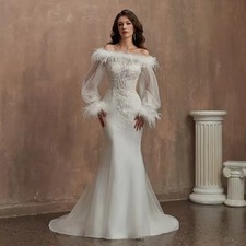 Customized Long Sleeve Boat Neck Grace Wedding Dresses Lace Laced up Bride Gown 