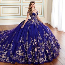 Royal Blue Quinceanera Dresses Gold Lace Appliques Beaded Ball Gowns Sweet 15 16