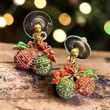 Christmas Ornament Dangle Earrings Red Green Gold Tone Holiday