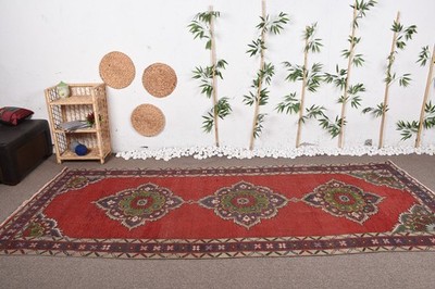 Turkish Large Rug 4,6x11 ft, Red Green Floral Rug Wool