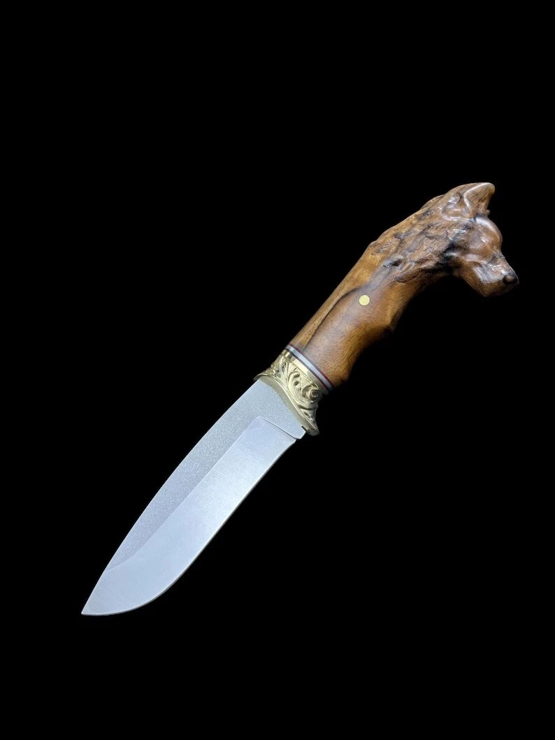 Handmade Hunting Knife, Wolf Head Hunting Knive, Bushcraft Knife, Camping knife.