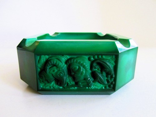 CENICERO Vintage Checo/Bohemio HLOUSEK Art Deco Malaquita Jade Vidrio Horóscopo - Imagen 4 de 11