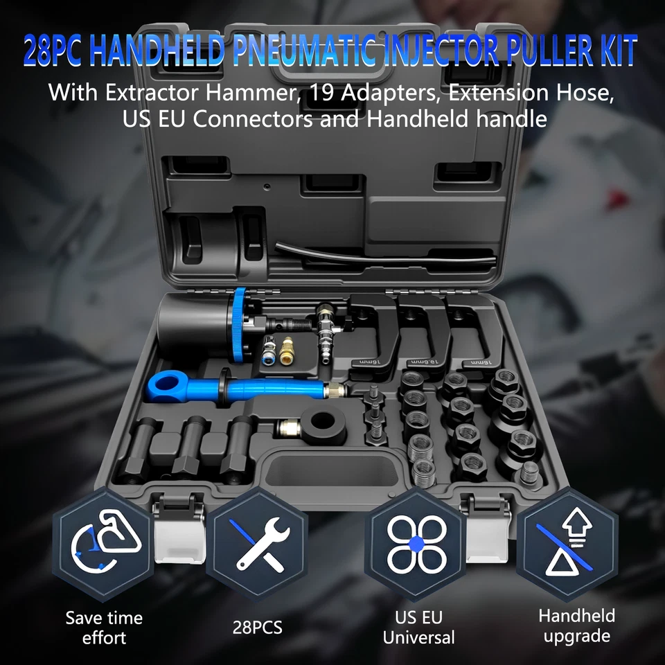 28PCS Pneumatic Diesel Injector Puller Air Vibration Injector Removal Tool Kit - Image 2 of 4