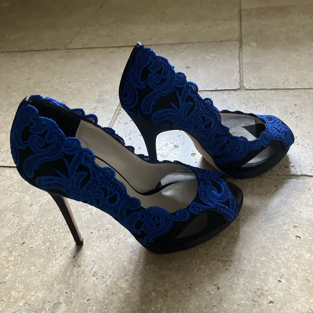 Peep Toe Shoes Navy Blue Lace Pumps Blue Heels Size 11 Karen
