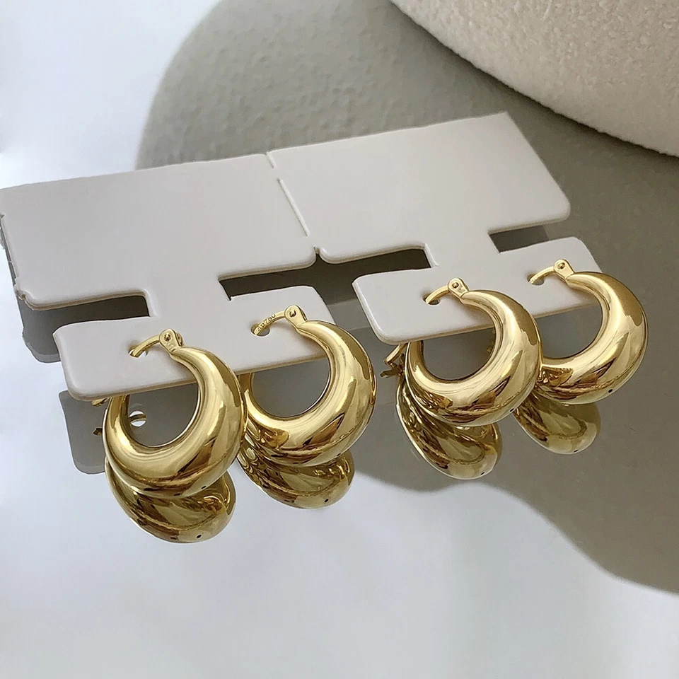 Authentic 18K Gold Earrings Hoop Style Fine Smoothly Moon 100% Yellow Gold - Image 2 of 4