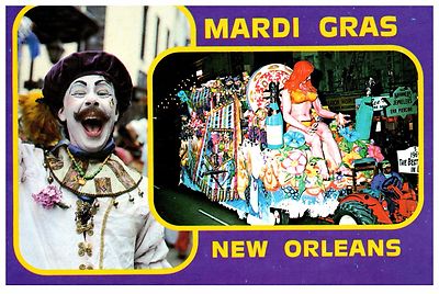 MARDI GRAS  NEW ORLEANS LOUISIANA CLOWN & PARADE FLOAT SCENE POSTCARD COND: VG