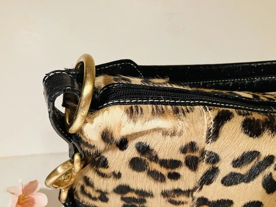 Leopard Print Calf Hair and  Faux Leather Satchel Handbag Brass Accent Pre-owned - Image 4 of 4