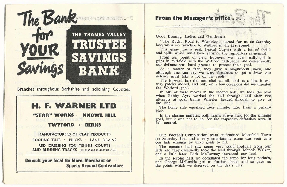 VINTAGE FOOTBALL PROGRAMME READING v WATFORD 19th NOVEMBER 1958 - Image 3 of 4
