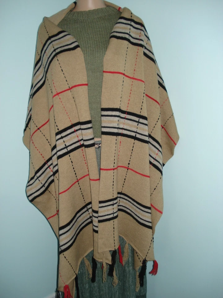 Bufanda de seda Merino/cachemira tejida a mano beige/negro/rojo 8F de largo (hecha a pedido) Foto 2 de 4