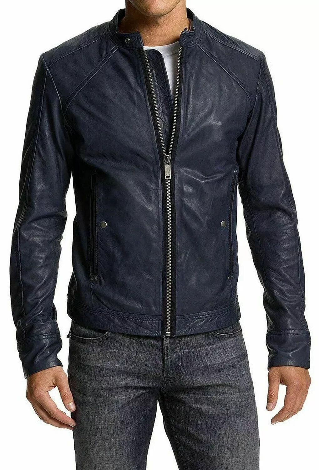 Men's Slim Fit Blue Leather Jacket 100% Real Lambskin Stylish Motor Biker Coat
