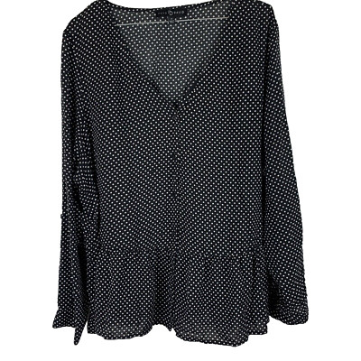 Fred David womans Blouse Plus Size 1X Black White Polka Dot Tab Long Sleeve 