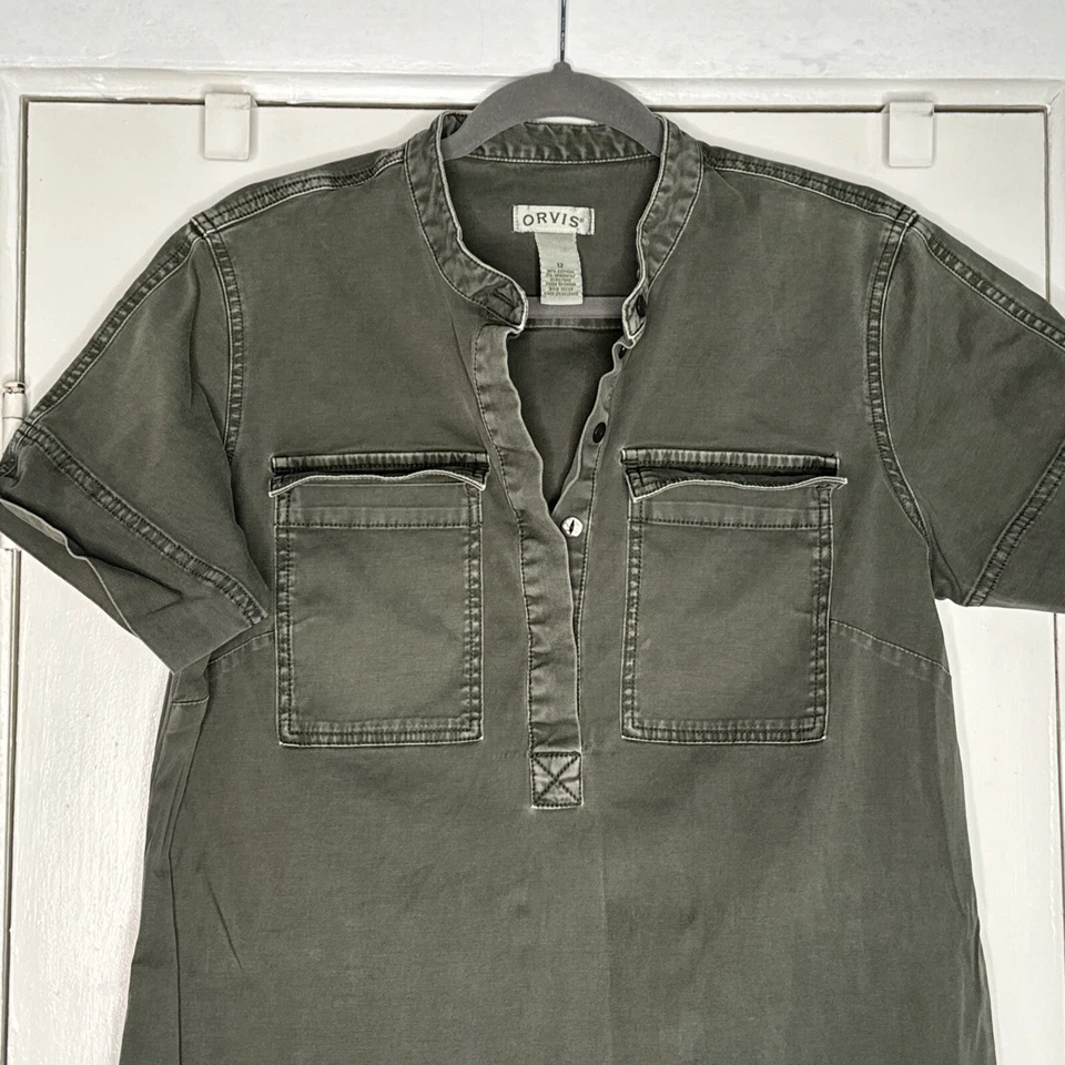 Orvis Women's Size 12 Shirt Sheath Dress Button Up Olive Green Pockets Cotton - Image 2 of 4