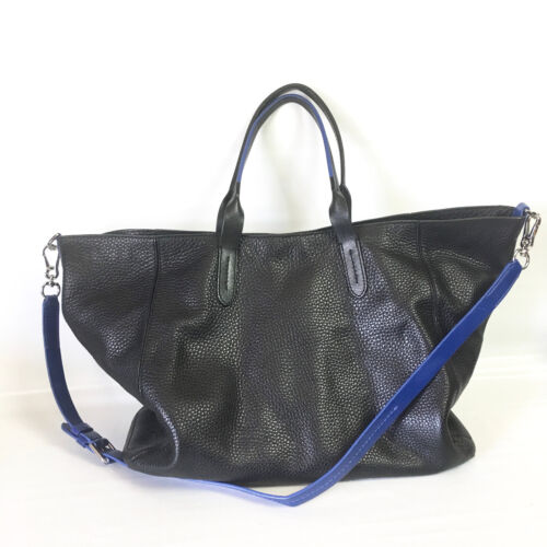 Cole Haan Crosby Shopper Black Leather Tote Bag Blue Strap Travel Overnight - Picture 1 of 13