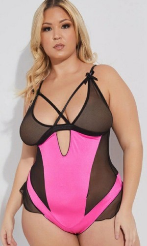 Ashley Stewart Hot Pink Ruffled Microfiber Lingerie Bodysuit Plus Size 3X, 22/24 - Picture 5 of 7