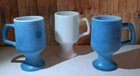 3 Vintage Orange Peel Textured Blue/White Milk Glass Footed Pedestal Coffee Mugs