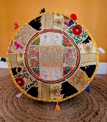 Indische handgefertigte runde ethnische Stickerei Vintage Patchwork Fußbank Pouf Bezug