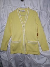 New Vintage VIVO Boyfriend Cardigan Yellow White Ribbed Size 10 Made In USA
