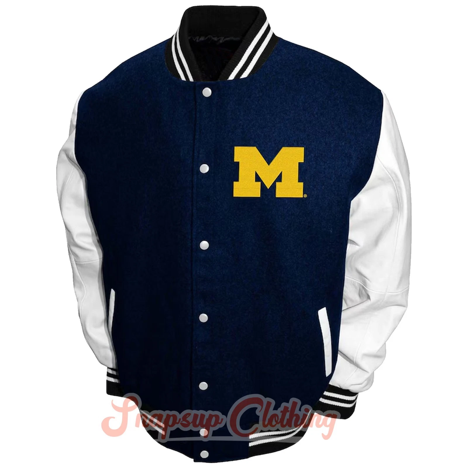 Michigan Wolverines Blue White Wool Leather Graduate Full-Snap Varsity Jacket